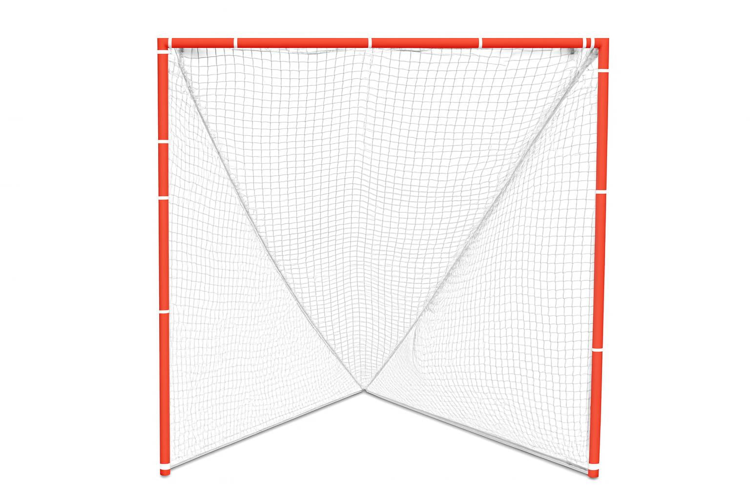 Lacrosse Goal and Net Pair with red steel frame and white braided nylon net on grassy field
