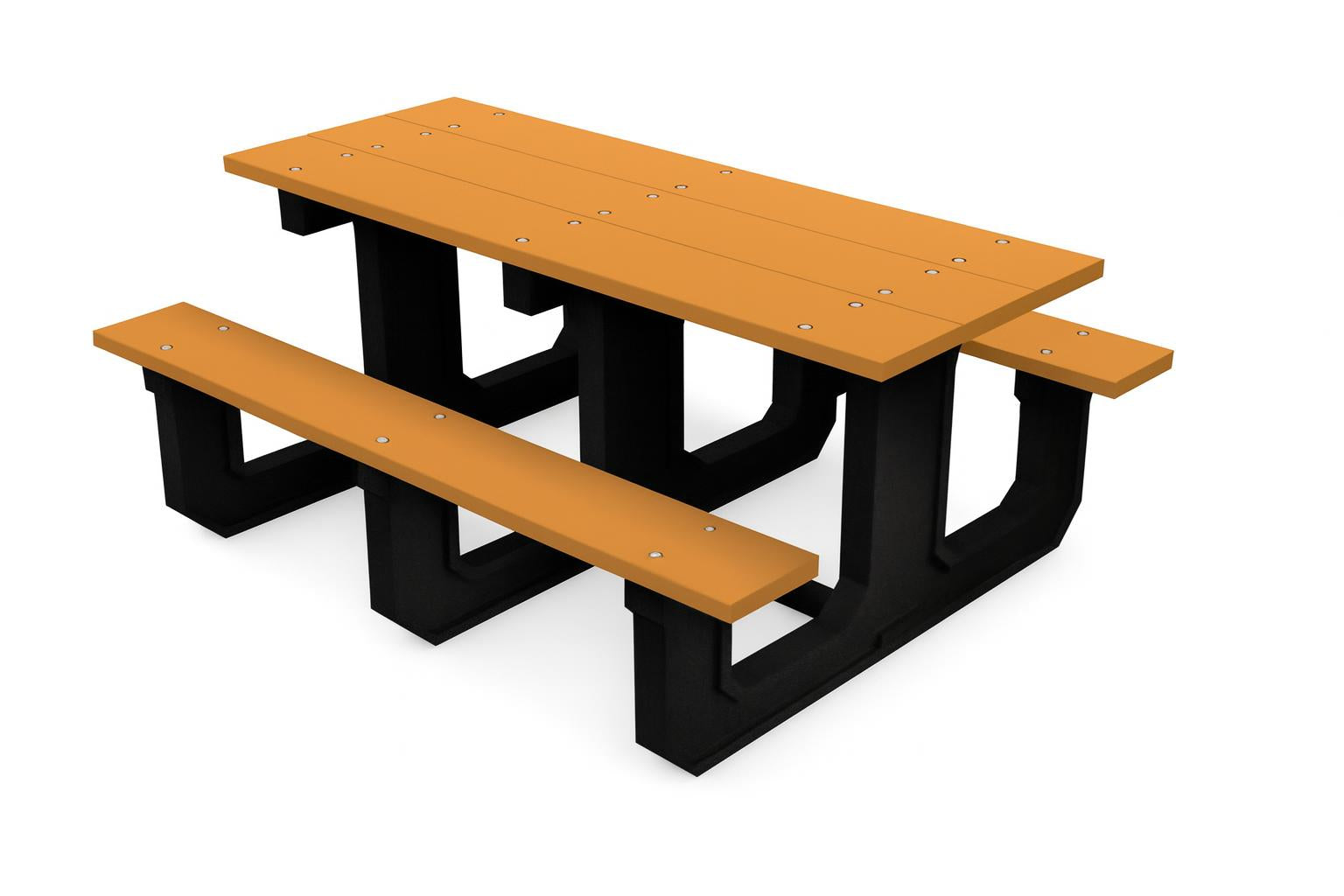 Park Place Recycled Plastic Picnic Table with bright orange recycled plastic planks and sturdy black legs for outdoor communal use