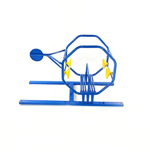 Overhead view of blue metal helicopter play structure with four yellow plastic steering wheels for multiple children