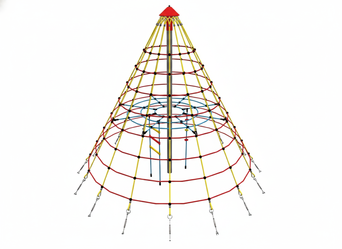 The Great Pyramid climbing structure with red, yellow, and blue ropes forming a conical play net for physical and cognitive development