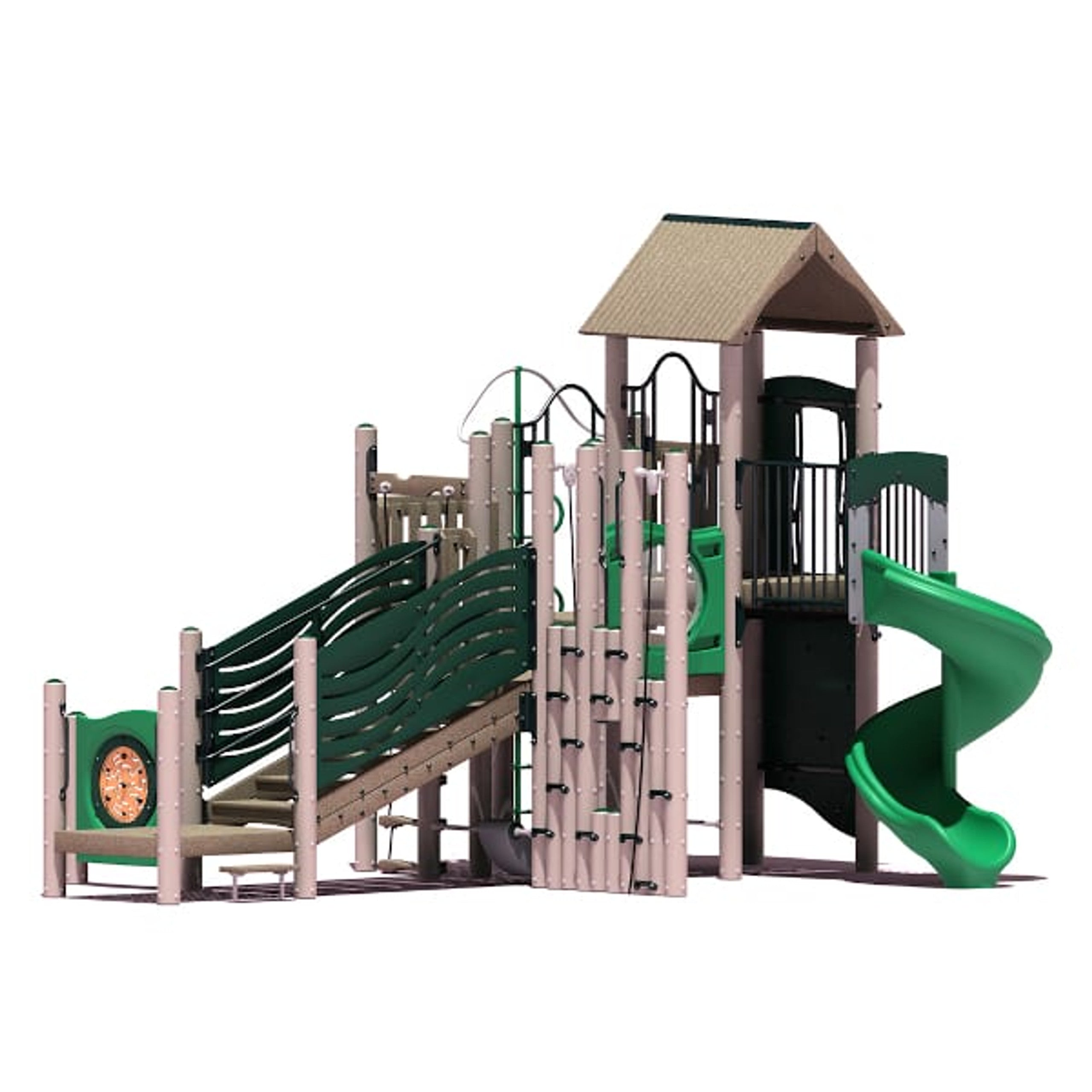 Outdoor playground structure with spiral slide, climbing wall, rope ladder, and shaded platform in green and beige colors