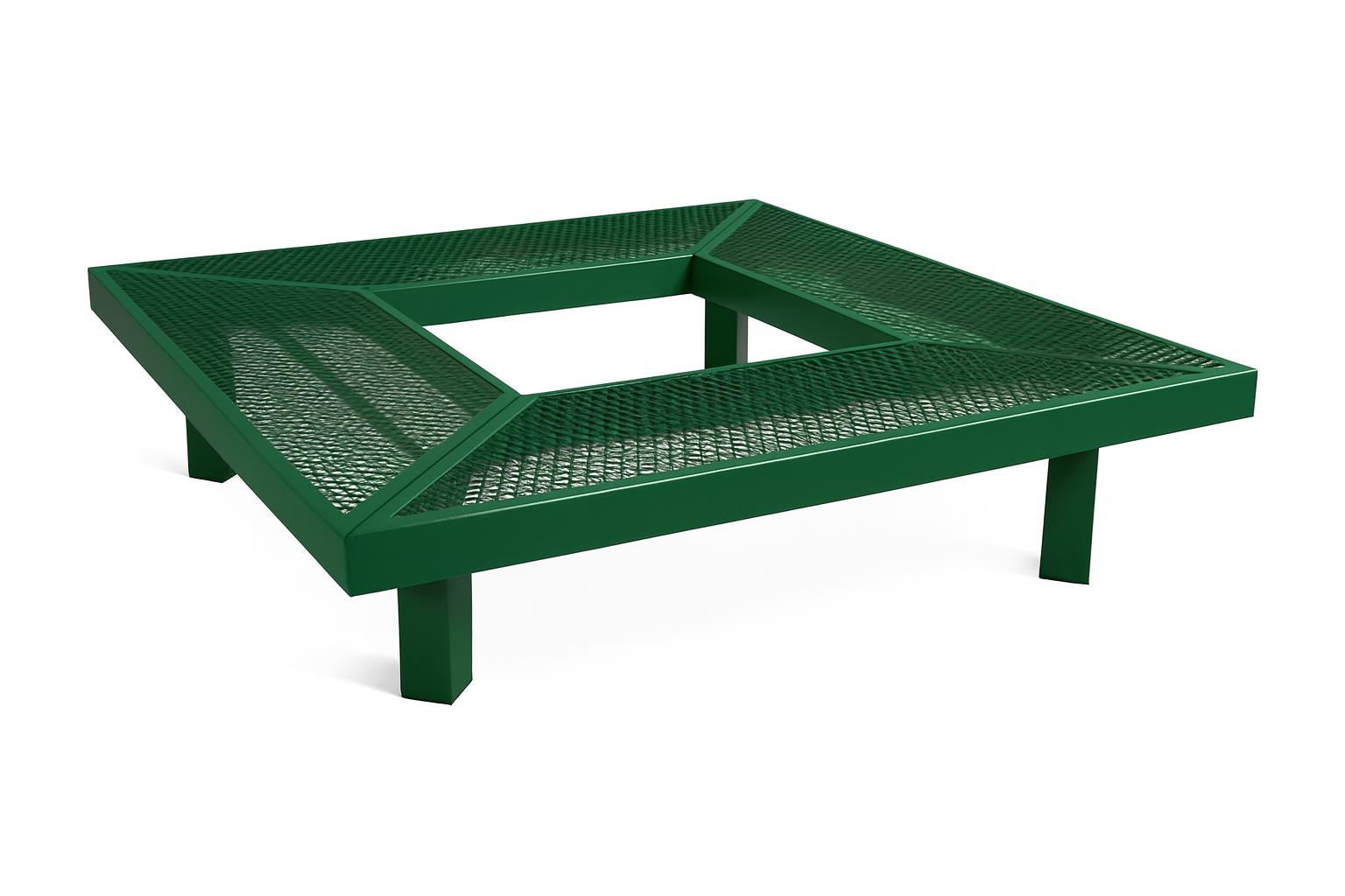 Square Mall Bench without Back green powder-coated metal outdoor bench with open center and mesh seat surrounding a tree on grass and pavement