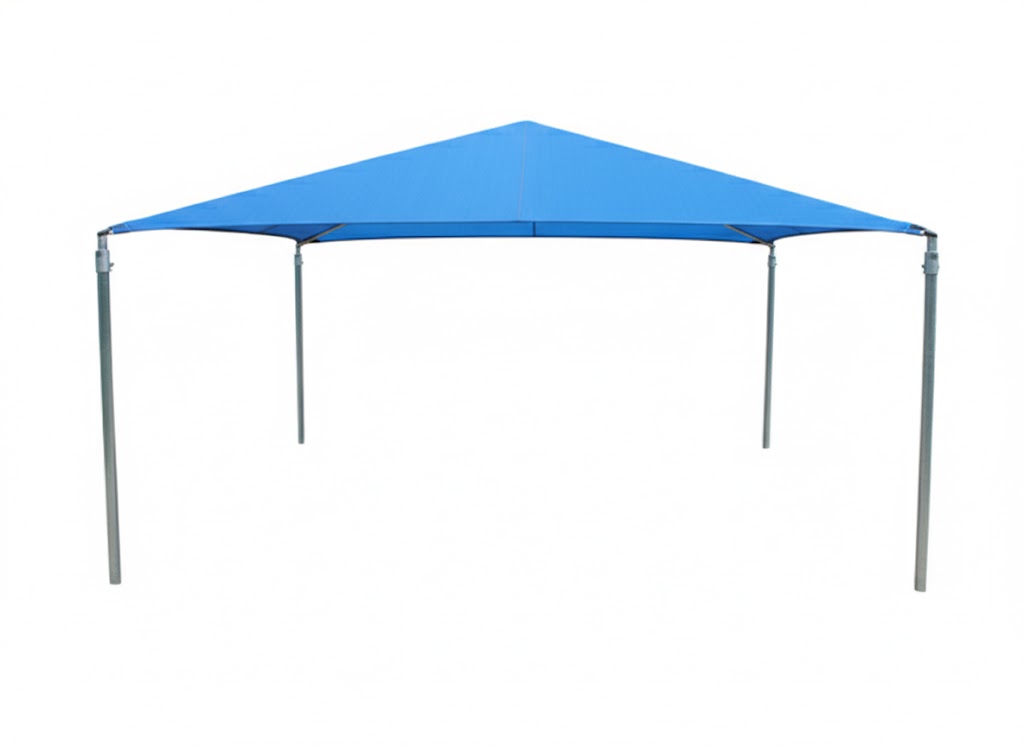 Pyramid Shade Structure with 4 posts in blue fabric over picnic tables on playground concrete, providing UV protection and cooling shade