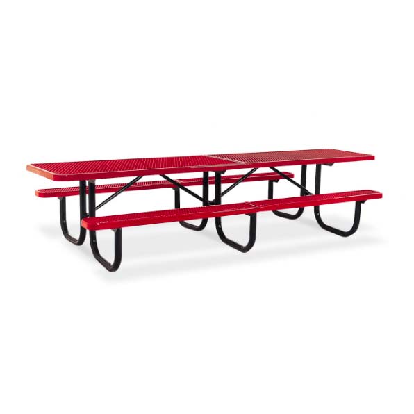 Long red perforated ADA-compliant outdoor shelter table with black heavy-duty metal frame and walk-through design