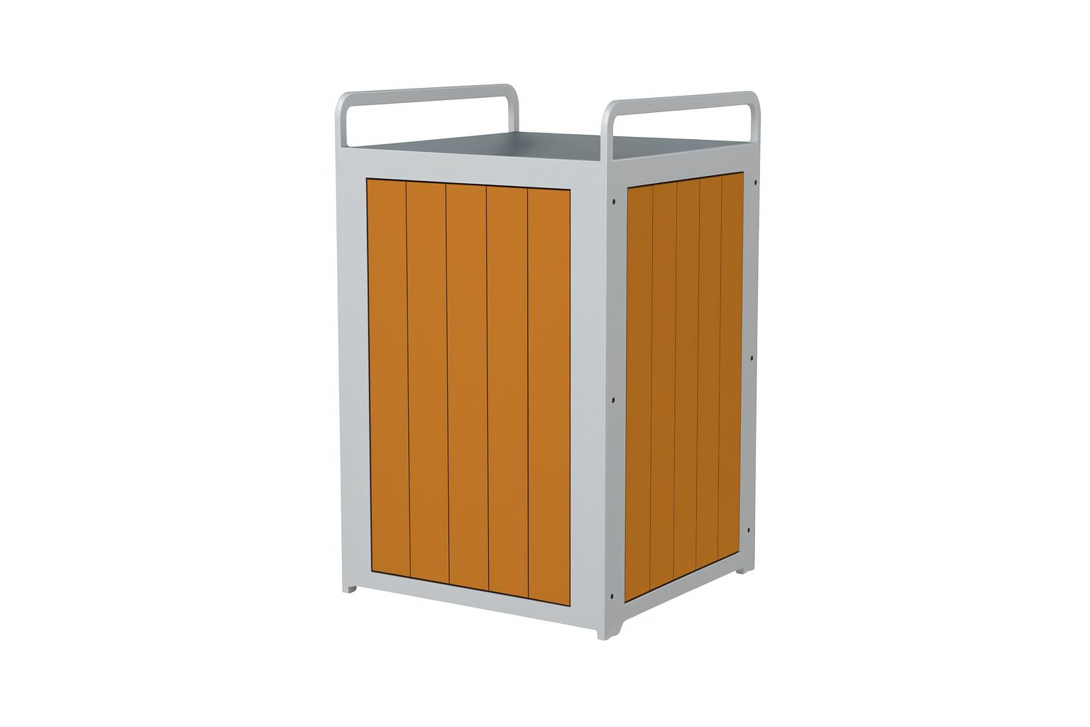 Plaza Recycled Plastic Trash Receptacle with cedar-colored panels and silver metal frame, modern rectangular outdoor design