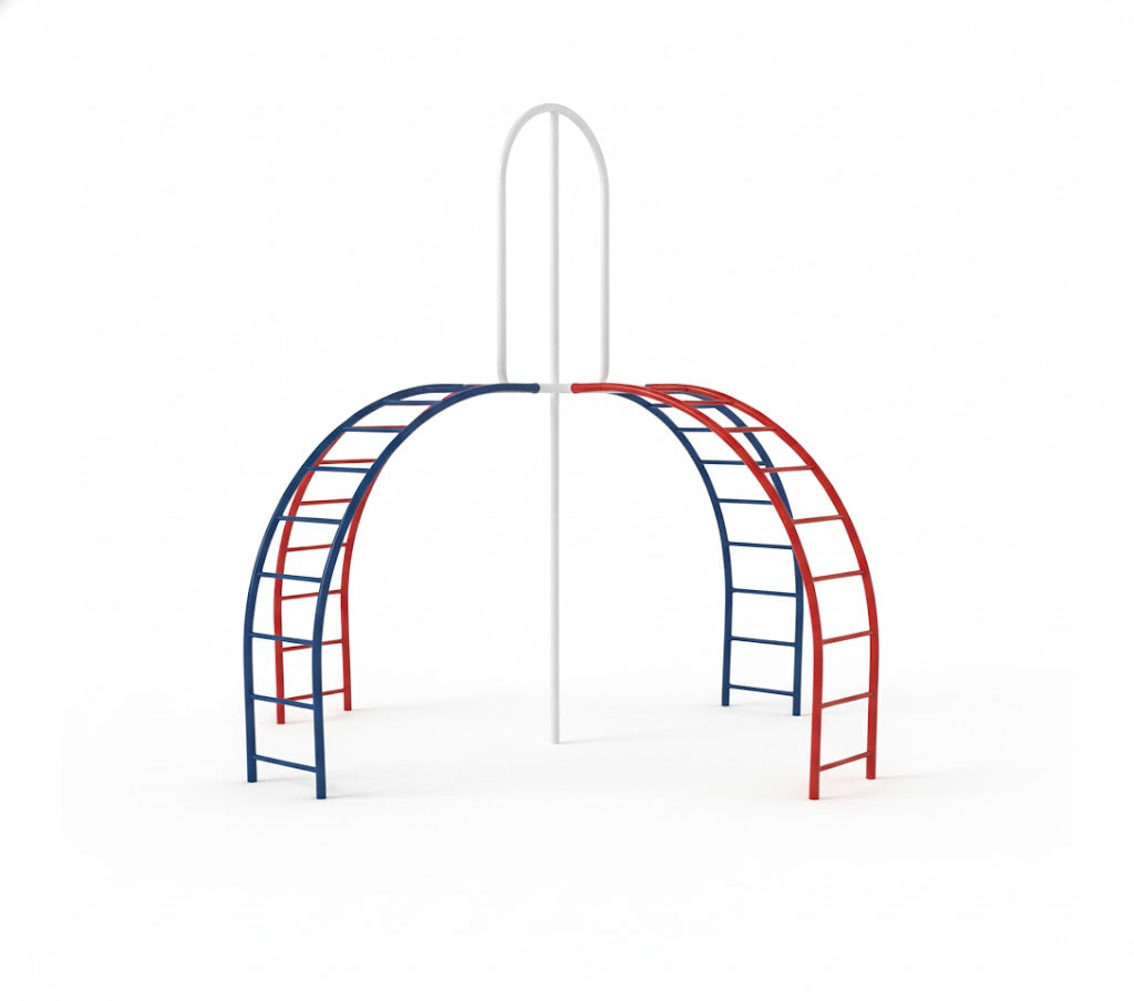 Quad Climber red and blue metal climbing structure with central white arch for outdoor playground play and physical activity