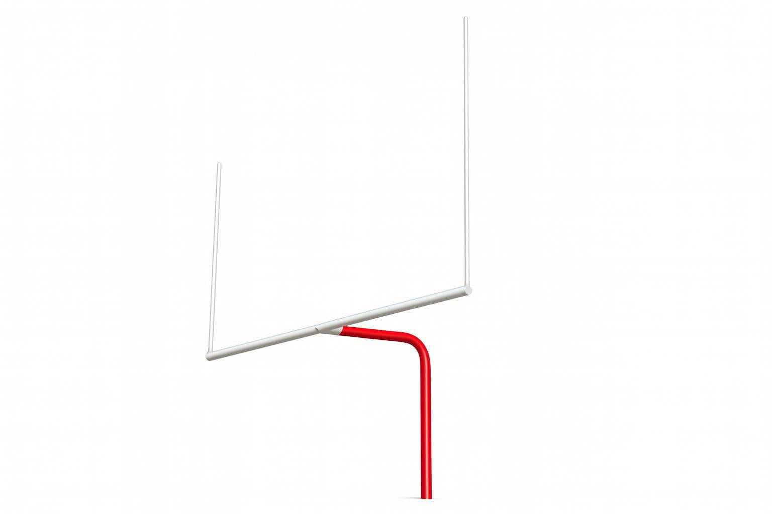 Single Post Pitch Fork Field Goal Pair with red bent galvanized steel support and white uprights on grassy football field