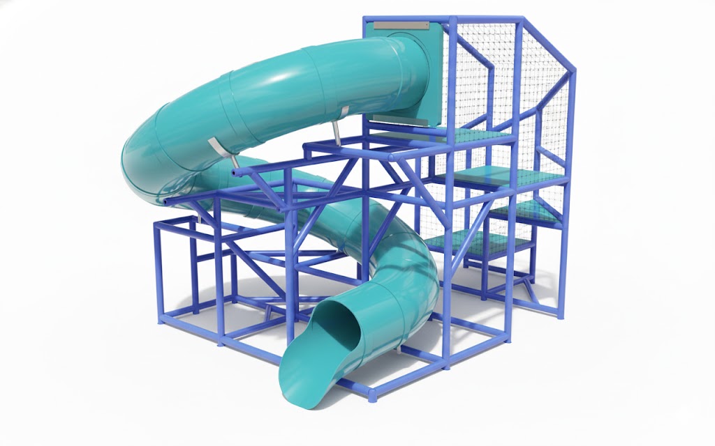 Marias River Water Slide with teal enclosed tube and blue metal frame beside pool in outdoor recreation area