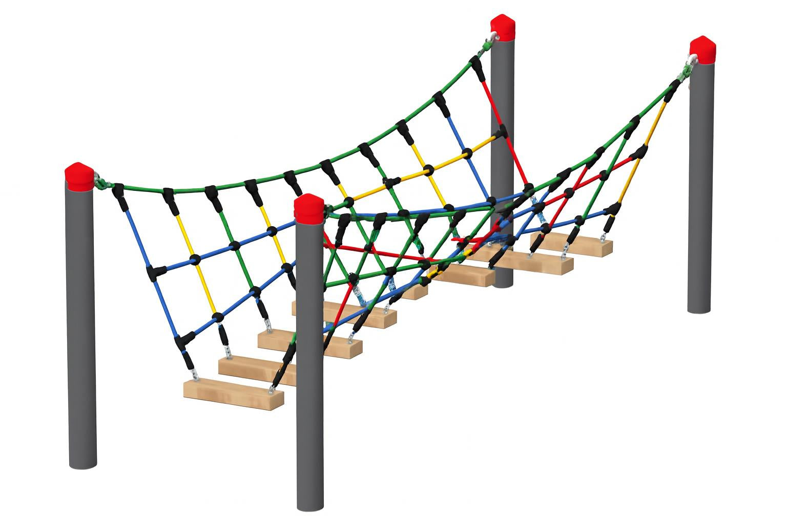 Catwalk Adventure Bridge with colorful climbing ropes and wooden steps supported by four gray posts with red caps, playground climbing equipment
