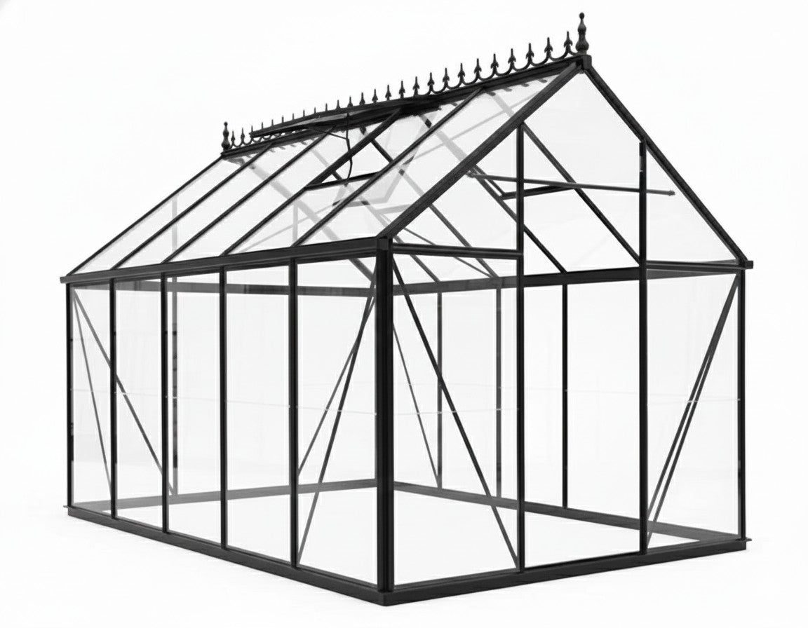 Junior Victorian Greenhouse with black aluminum frame, tempered glass panels, automatic roof windows, and lush plants inside