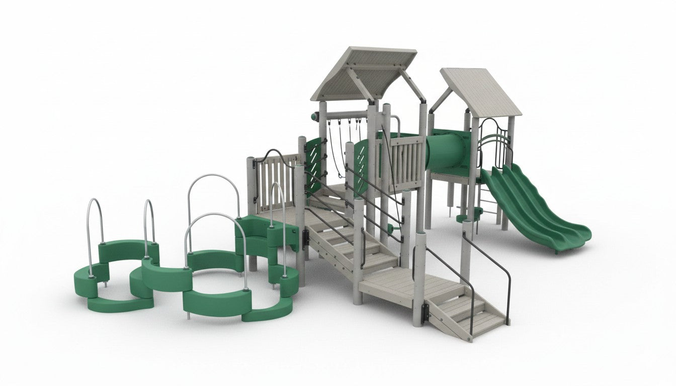 Unity Play System accessible outdoor playground with climbing structures, tunnel crawl, triple wave slide, shaded platforms, and wood chip surface