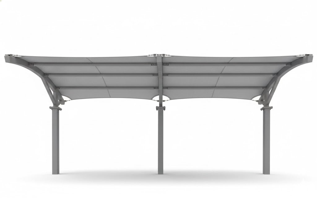 Panorama Cantilever Shade Structure with elegantly arched roof and two dark gray supporting posts over skatepark ramp and metal railing under blue sky