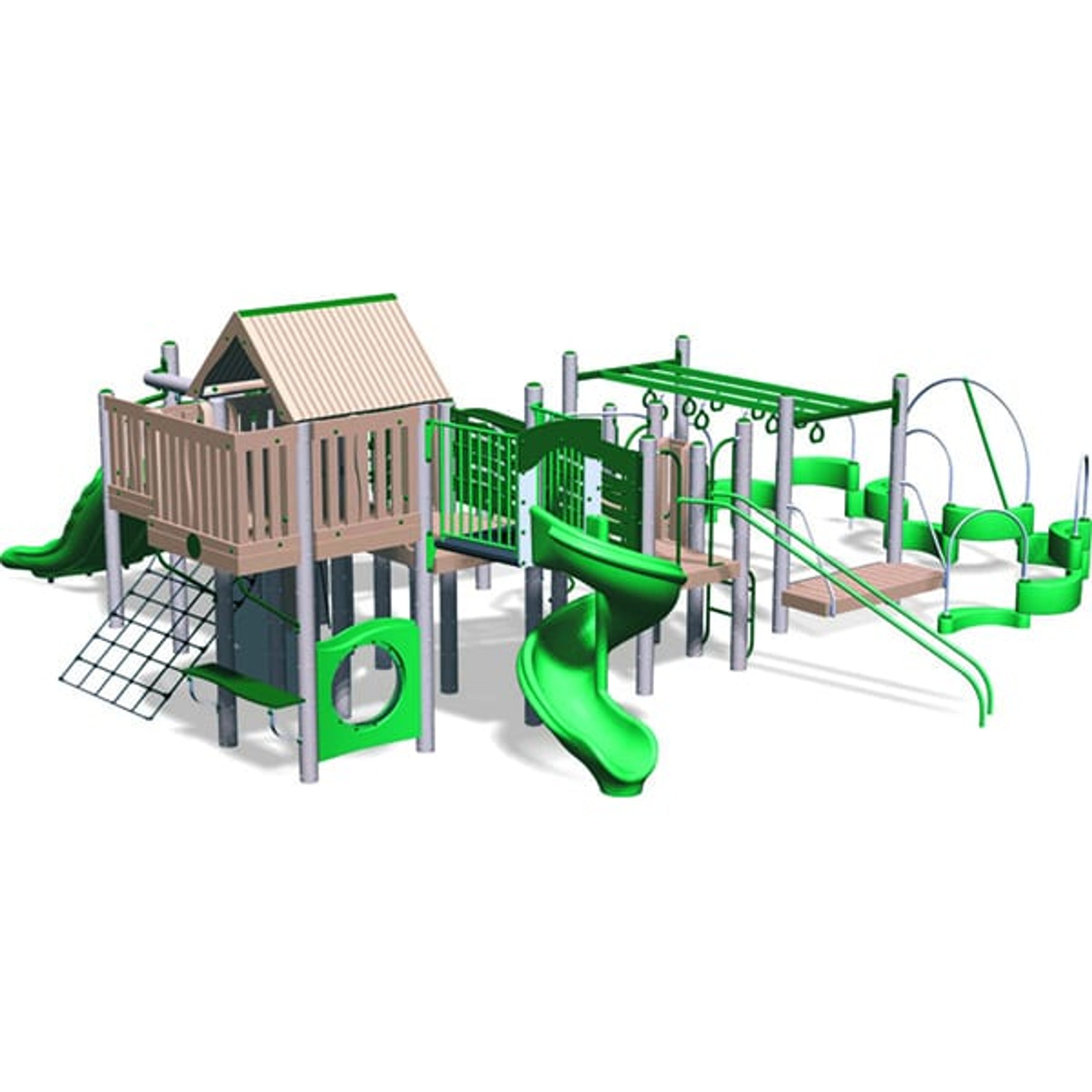 Large green and beige playground structure with spiral slide, climbing net, monkey bars, and multiple play platforms