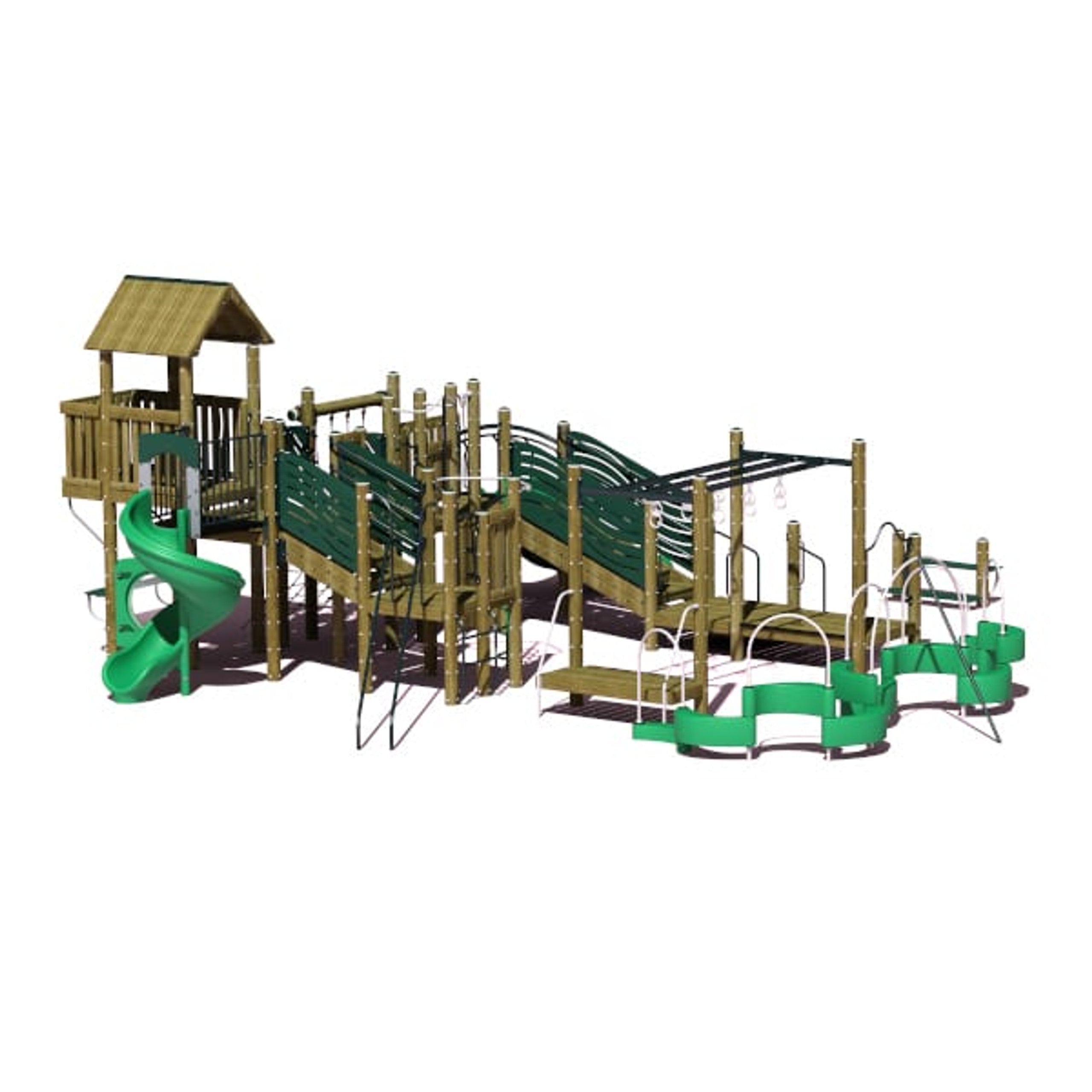 Large wooden playground structure with spiral slide, climbing net, ramps, and multiple play features in green and natural wood tones