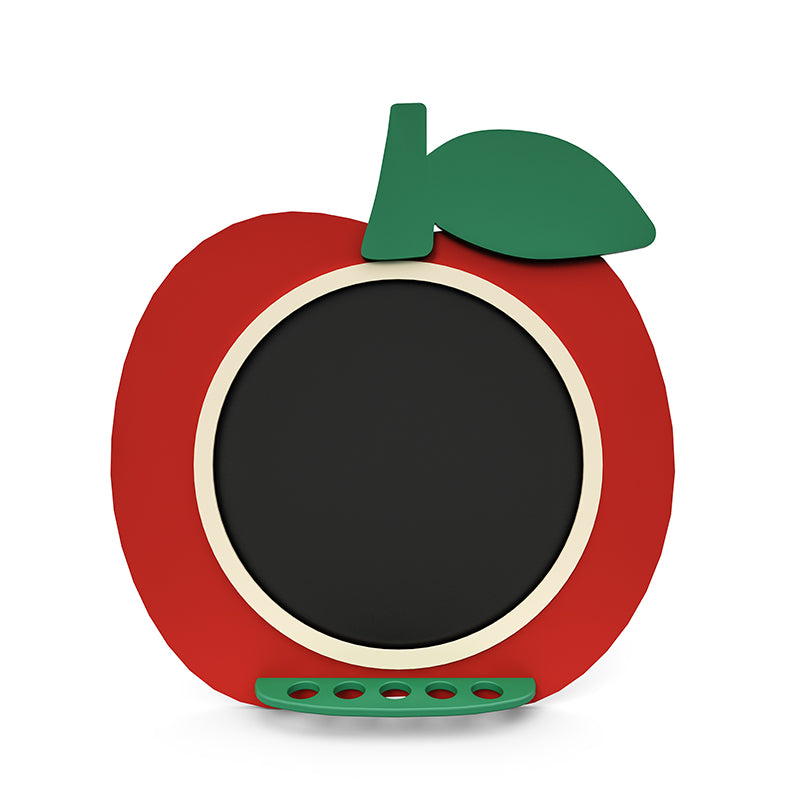 Red apple-shaped chalkboard with green leaf and attached chalk holder for creative drawing and play.