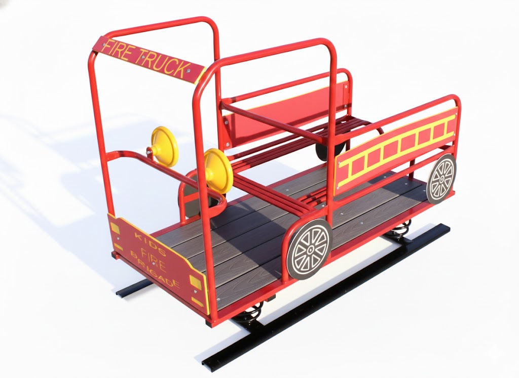 Fire Truck Multi Passenger Spring Rider with red and yellow metal frame, bench seats, steering wheels, and decorative ladder on grass