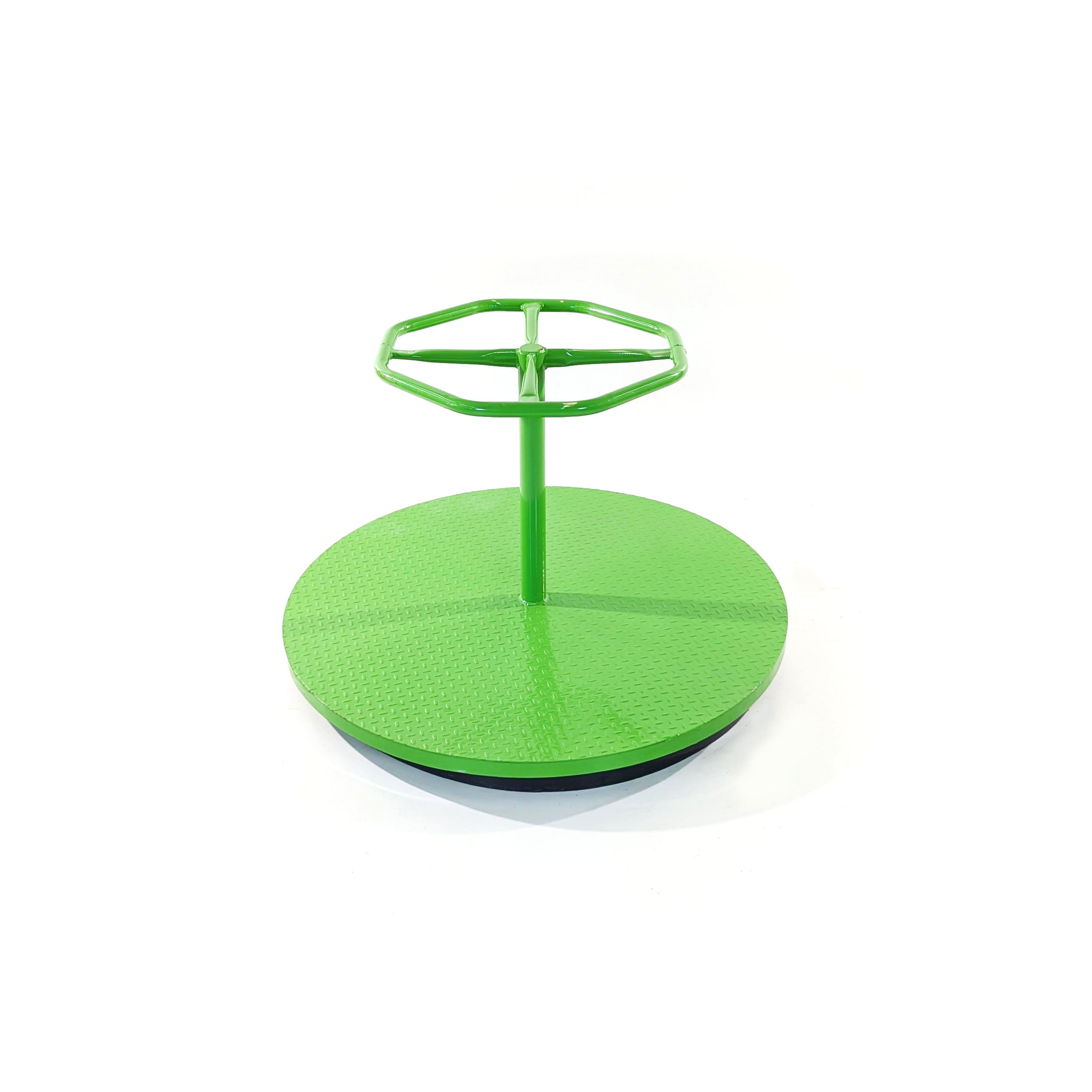 Green Merry Go Round playground equipment with textured steel platform and central handrail for spinning, durable 12-gauge steel design.