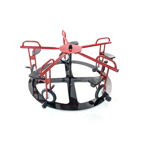 Red and black steel merry-go-round with five seats and handlebars for outdoor muscle-building play