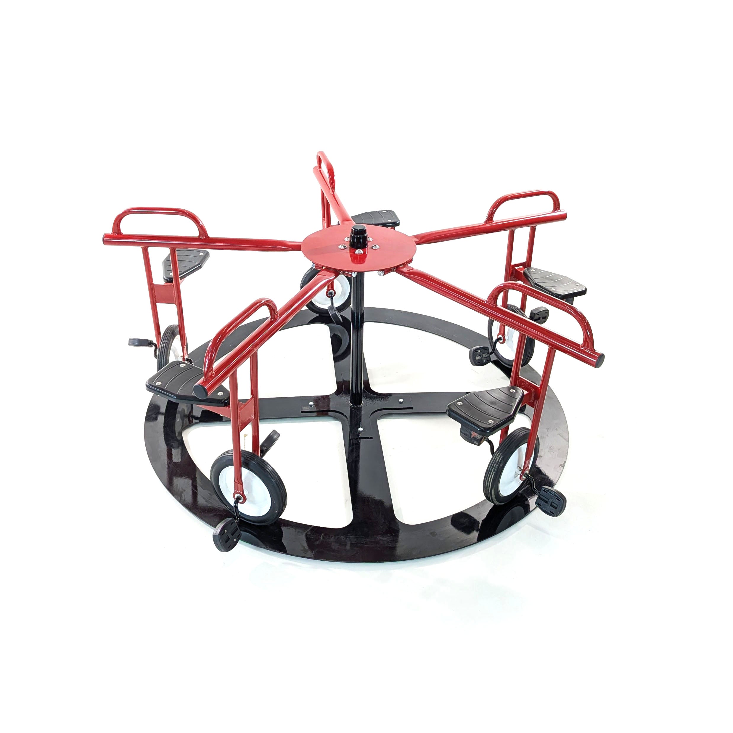 Merry Go Cycle playground equipment with red steel frame, black pedals, and solid-steel circular base for outdoor play