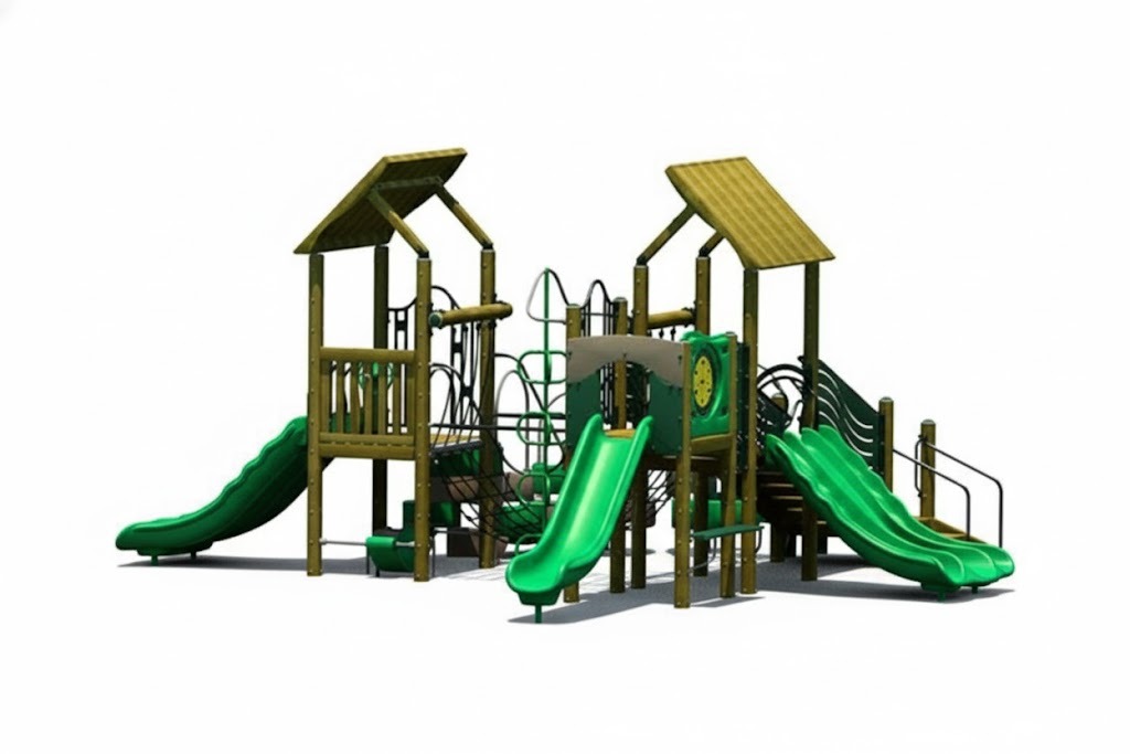 Kingdom Play System with green slides, climbing nets, shaded platforms, and wood-like support structures on wood chip ground cover
