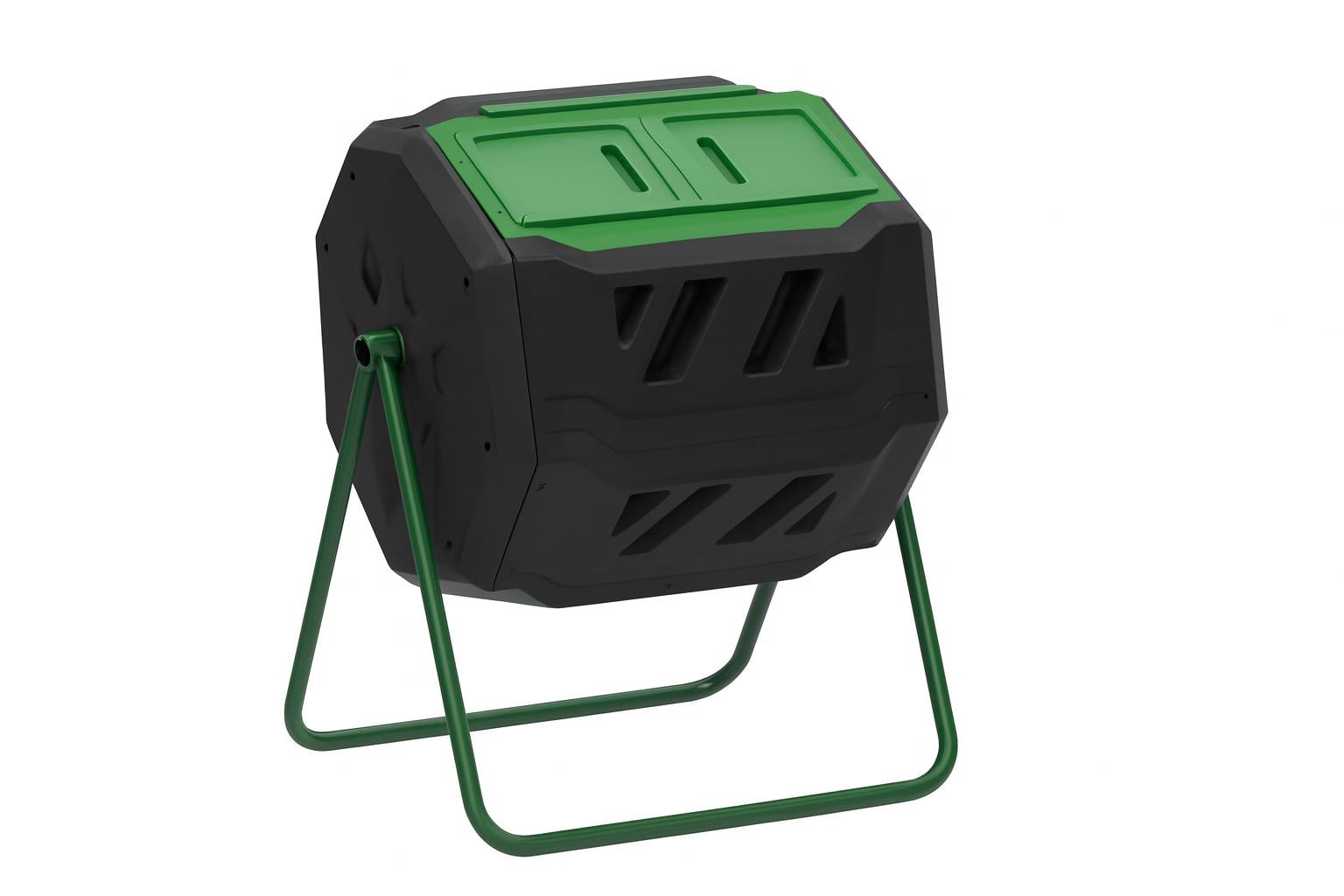 Mr. Spin Dual Compartment Compost Tumbler with black rotatable bin, green sliding doors, and green tubular steel frame for easy compost turning