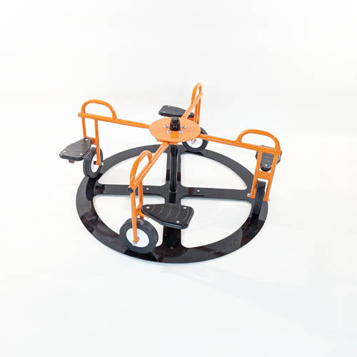 Orange and black self-propelled mini merry-go-round with four seats on a steel track base for kids' coordination and exercise