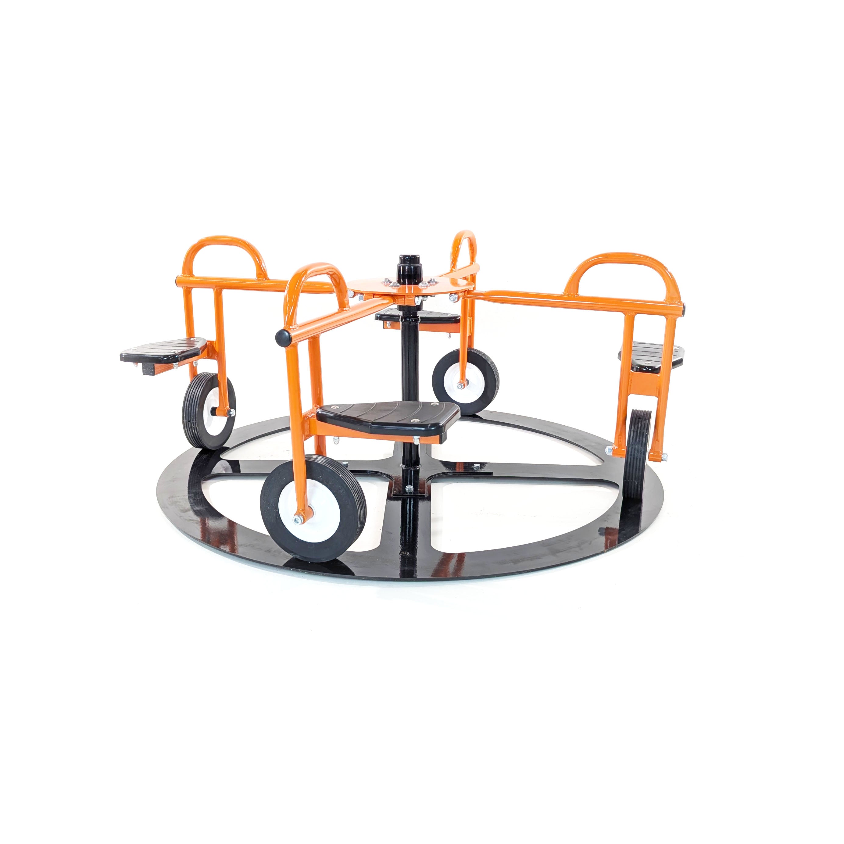 Mini Merry Go Cycle orange powder-coated steel merry go round with four black seats and sturdy black base