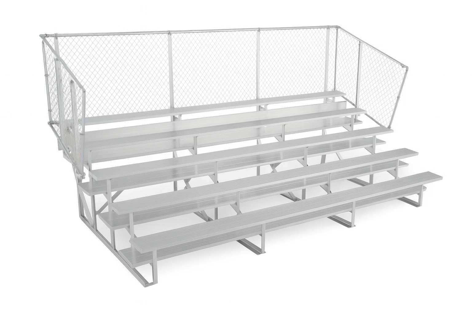 5 Row Standard Portable Bleachers with aluminum seating, chain-link guardrails, and wheels on a track field
