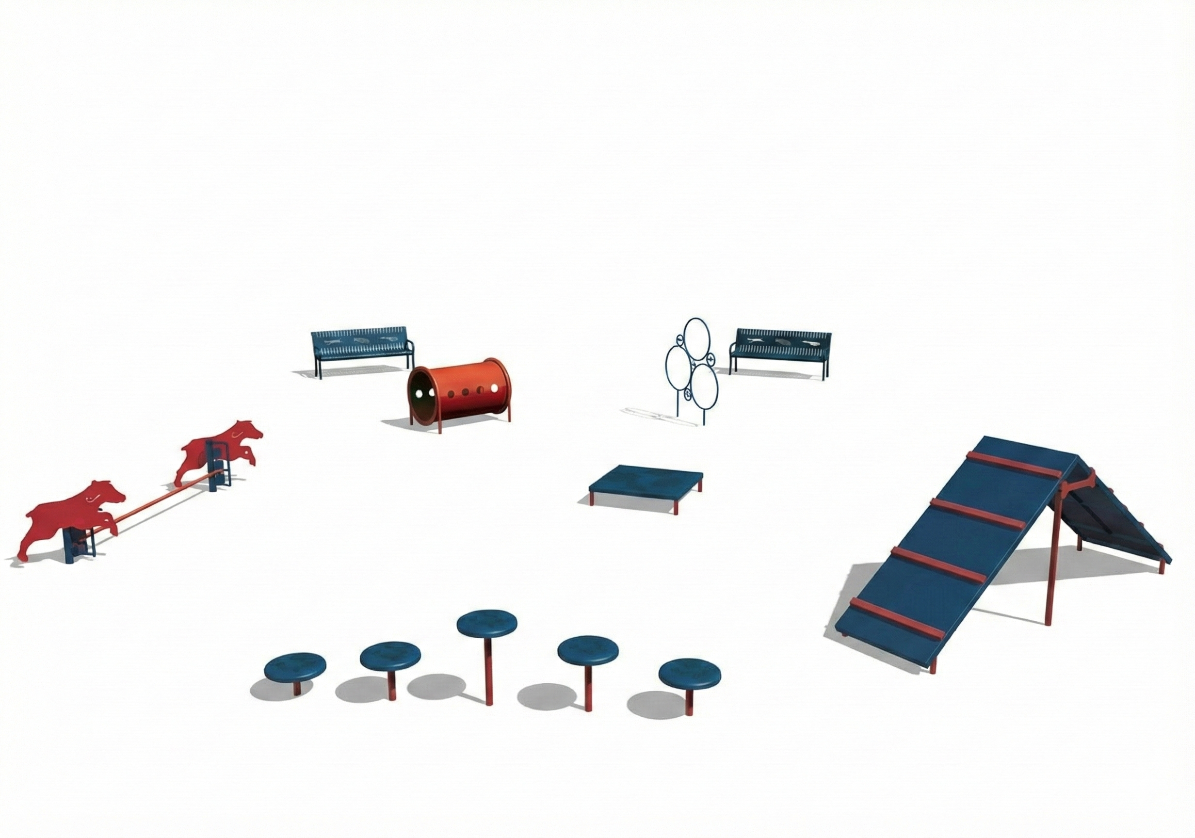 Intermediate Dog Exercise Course with six outdoor agility activities including jumps, crawl tunnel, stepping platforms, and ramps on mulch