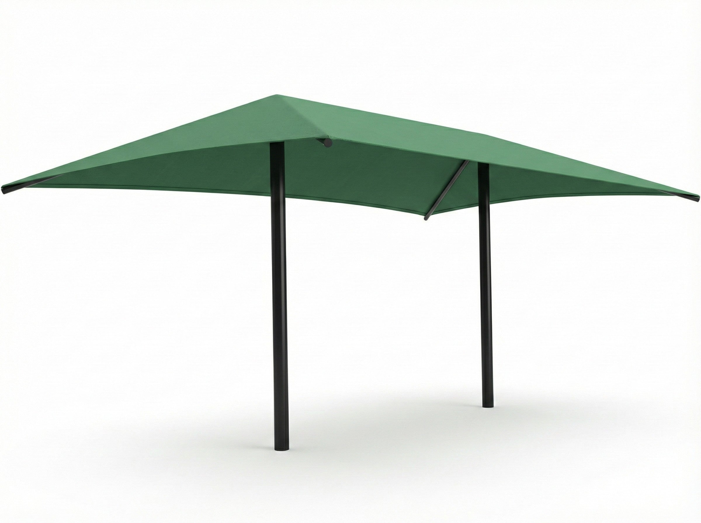 Hip Roof Shade Structure with 2 Posts, green fabric canopy and black posts providing UV protection over outdoor bench