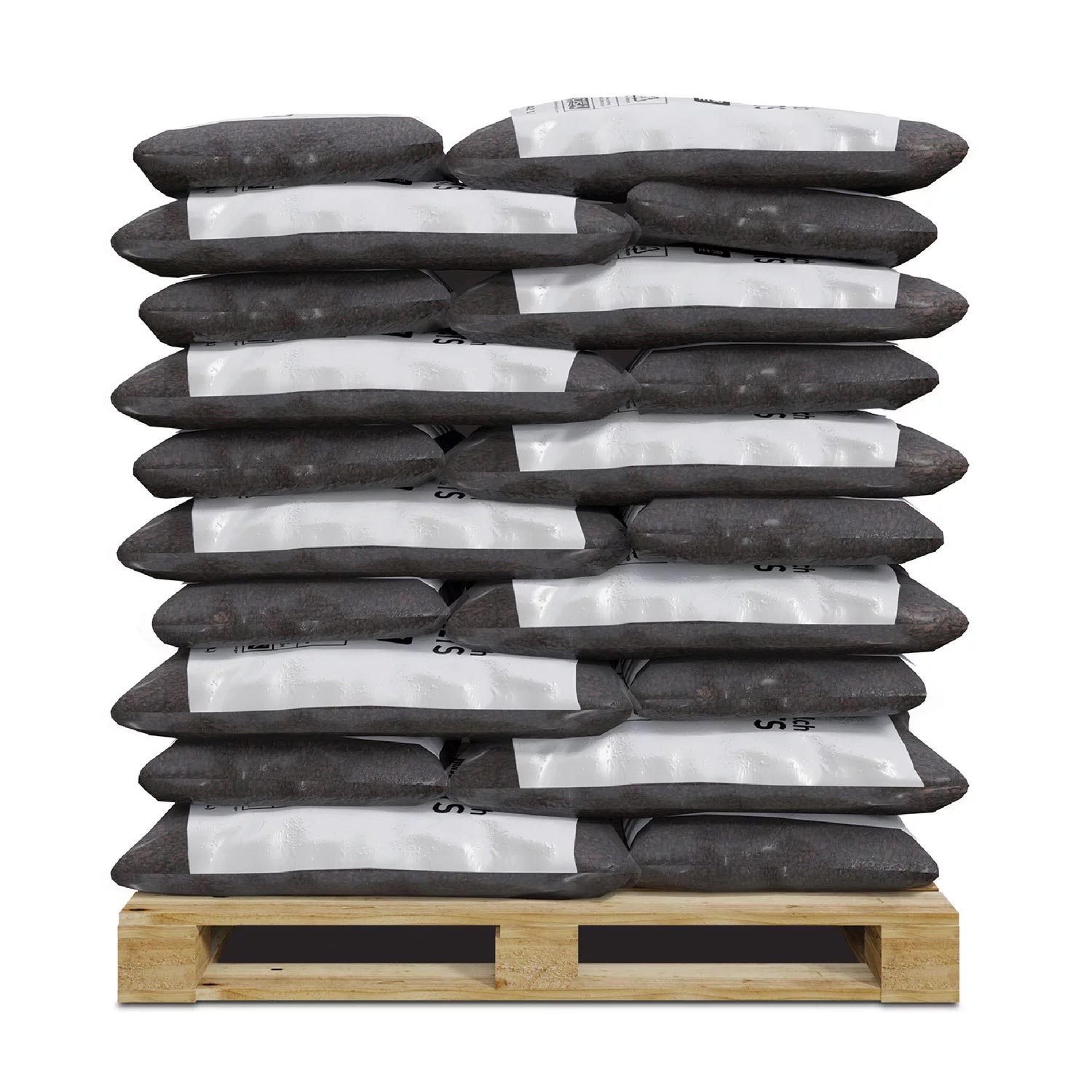 Stacked dark brown bags of recycled rubber mulch on a wooden pallet for playground surfacing