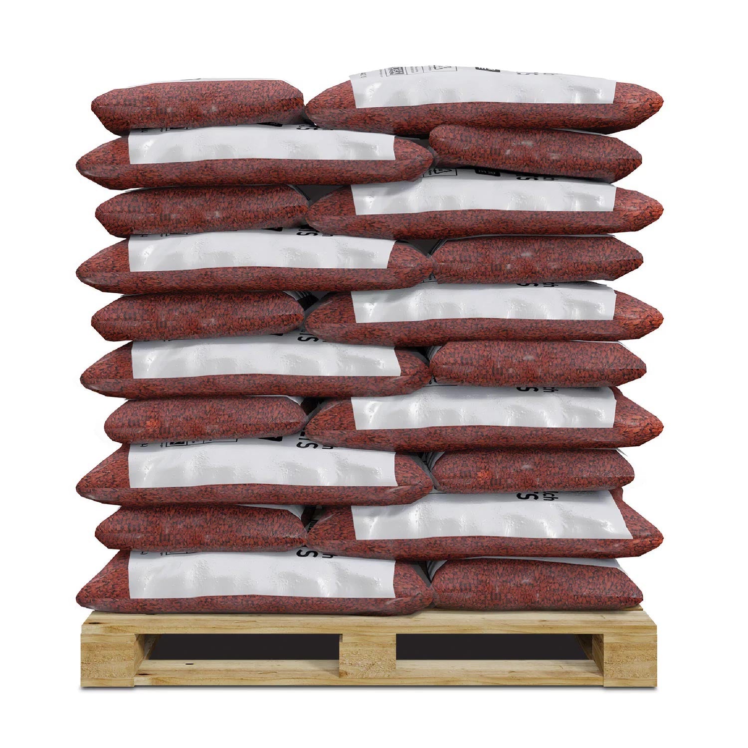 Stacked bags of red recycled rubber playground mulch on a wooden pallet, showing textured granules and packaging labels