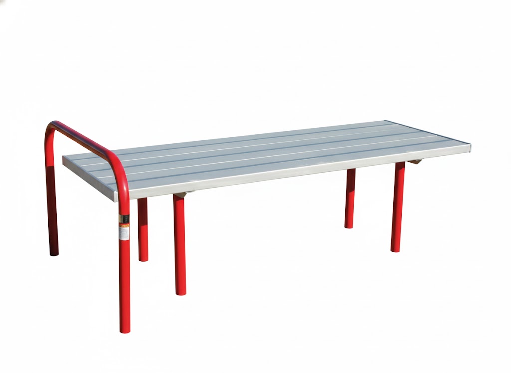 Sit Up Station Challenge with red metal frame and gray platform for outdoor core-strengthening exercise in park setting
