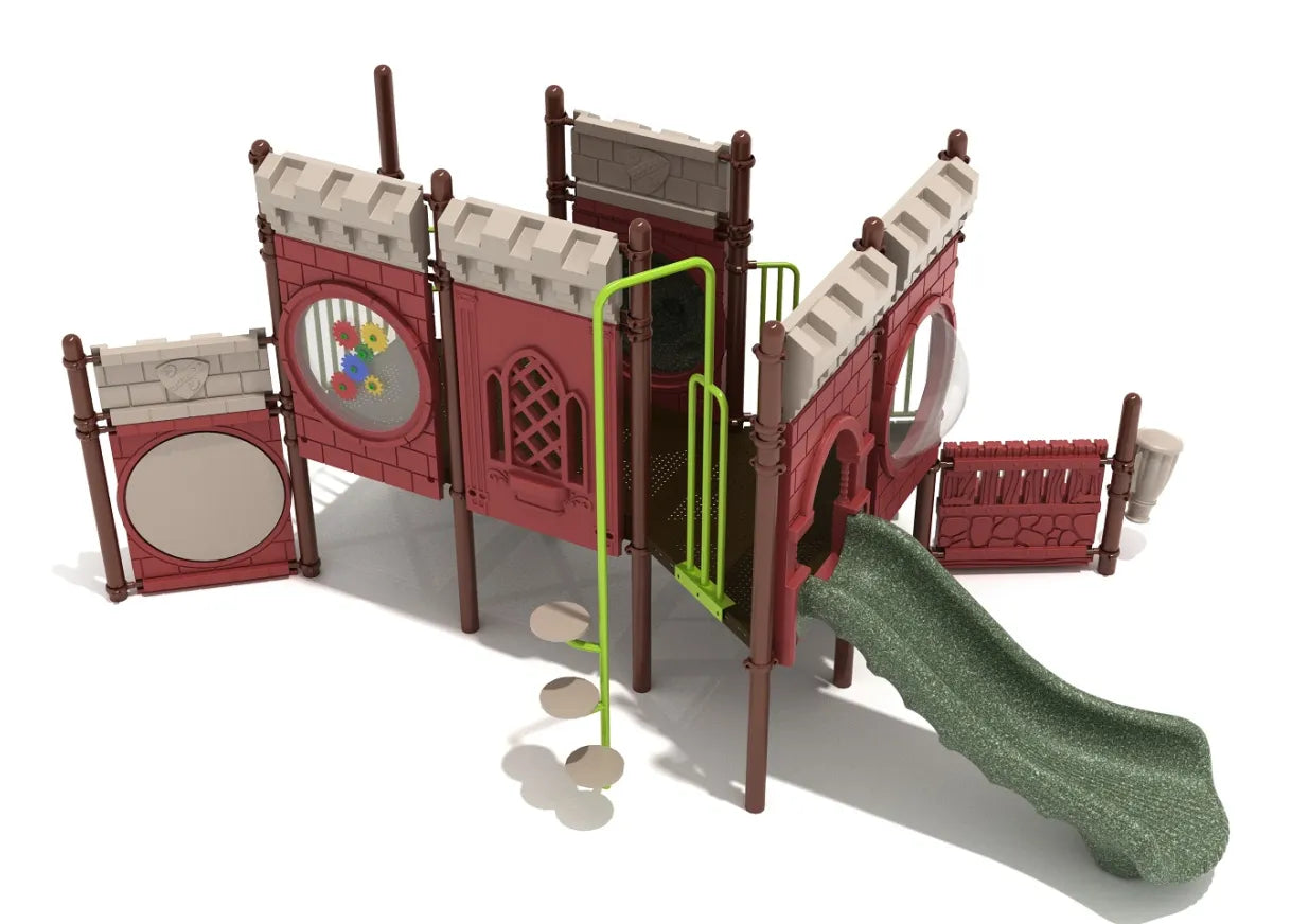 Castle-themed playground with red panels, green spiral climber, wavy slide, and interactive gear and drum panels