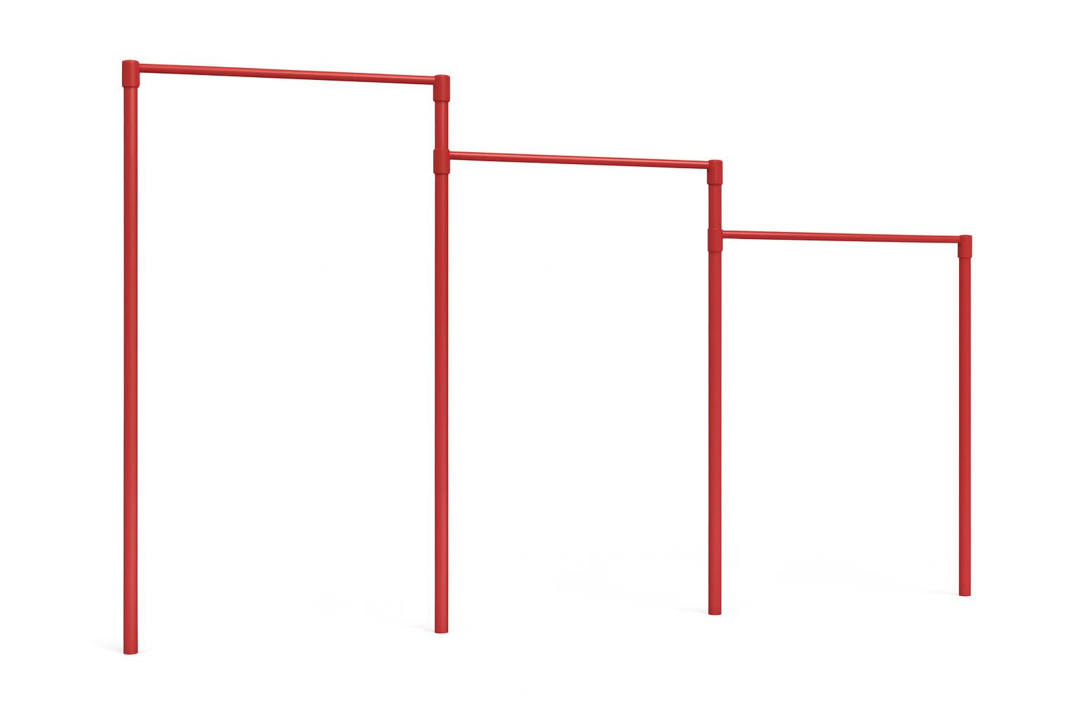 Triple Horizontal Bar Fitness Course Section with three red horizontal bars of varying heights for outdoor climbing and fitness in a grassy park setting