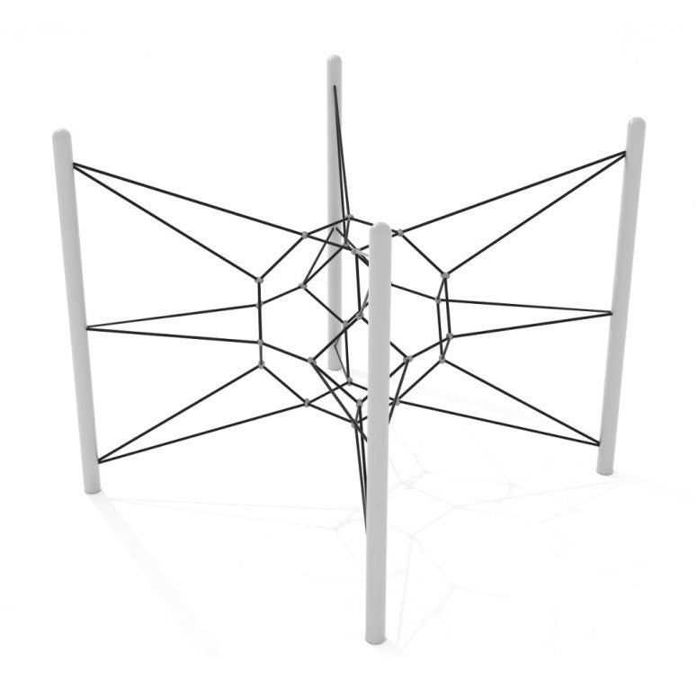Four-post playground climber with black ropes forming a star-shaped geometric climbing web for group play and coordination development