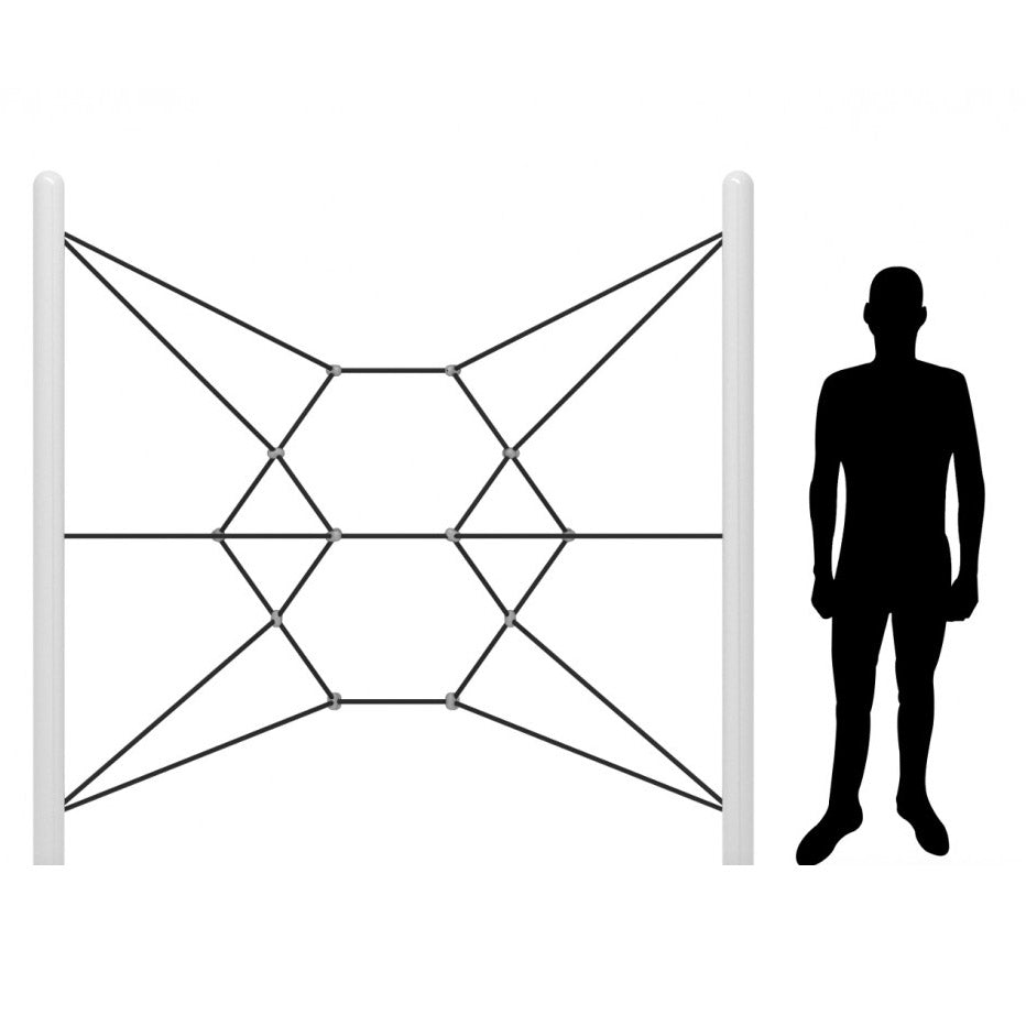 Geometric net climber with black ropes and white posts, featuring a star-shaped web and human silhouette for scale.