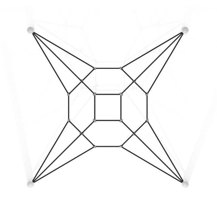 Overhead view of geometric rope net climber with four corner posts and interconnected web for climbing and balancing