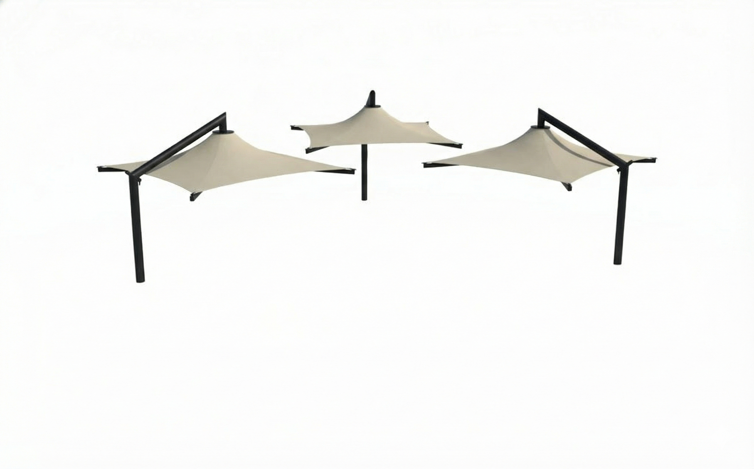 Solana Cantilever Single Post Shade Structure with beige cantilevered fabric canopy and dark metal post shading picnic tables at outdoor pickleball courts