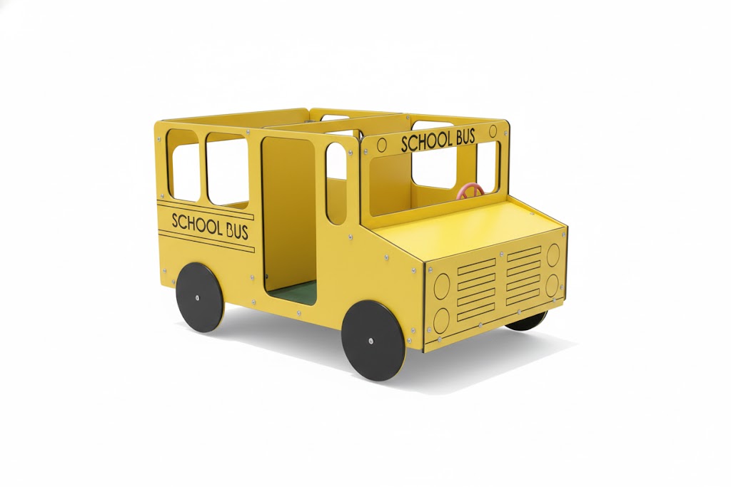 School Bus Multi Spring Rider playground equipment in bright yellow with black wheels and spring base for multiple children on soft play surface