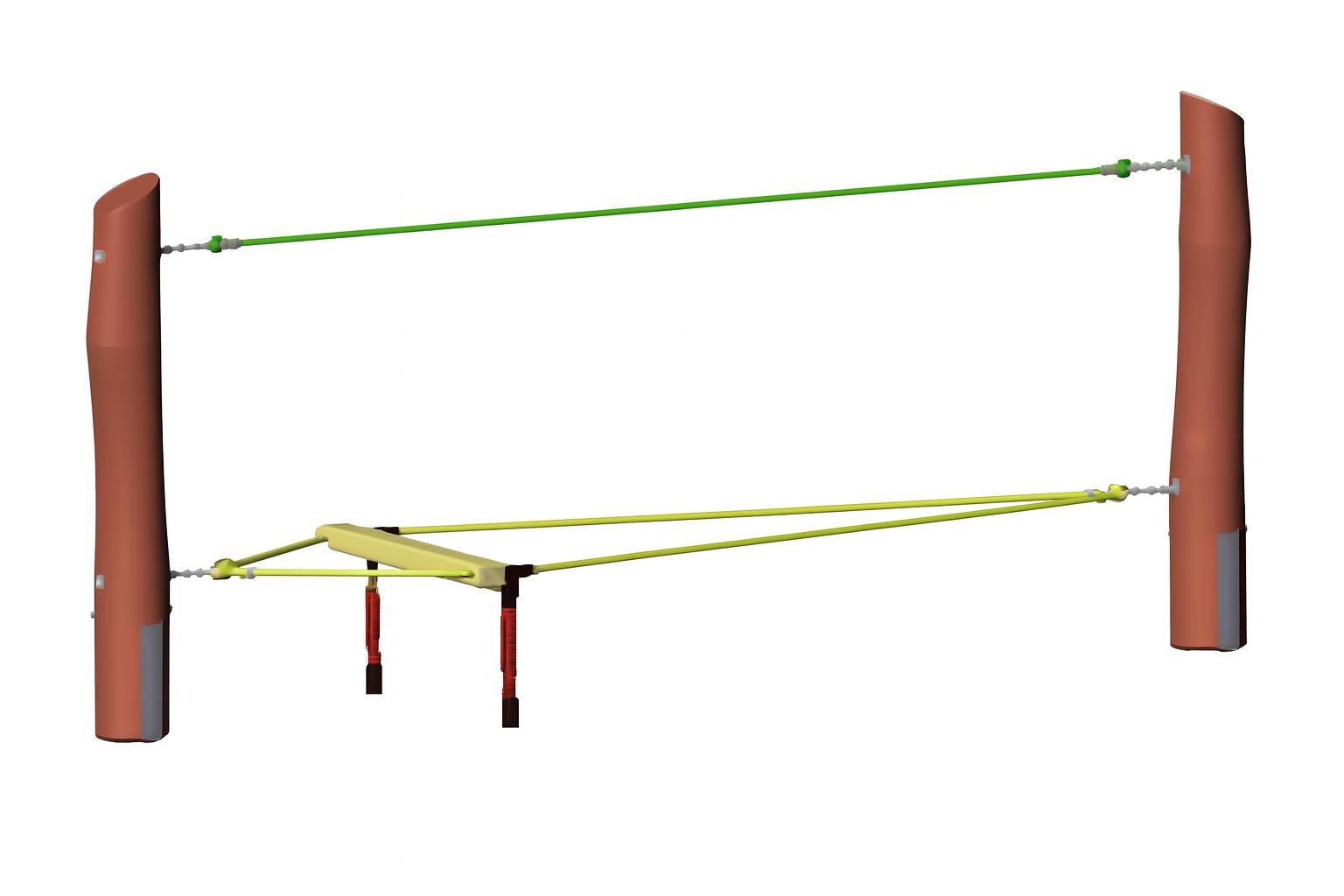 Playground balancing rope structure with wooden posts, yellow platform, green ropes, and red hanging straps for motor skills development
