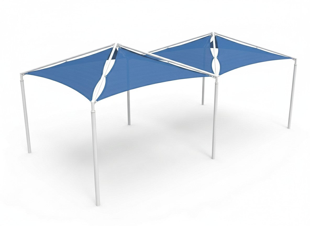 Pyramid Multi-Panel Shade Structure with four blue fabric panels and white metal frame, modern outdoor shade design over picnic area