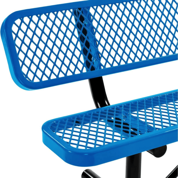 Blue diamond-pattern steel outdoor bench with sturdy black frame and bracing, designed for parks and community spaces