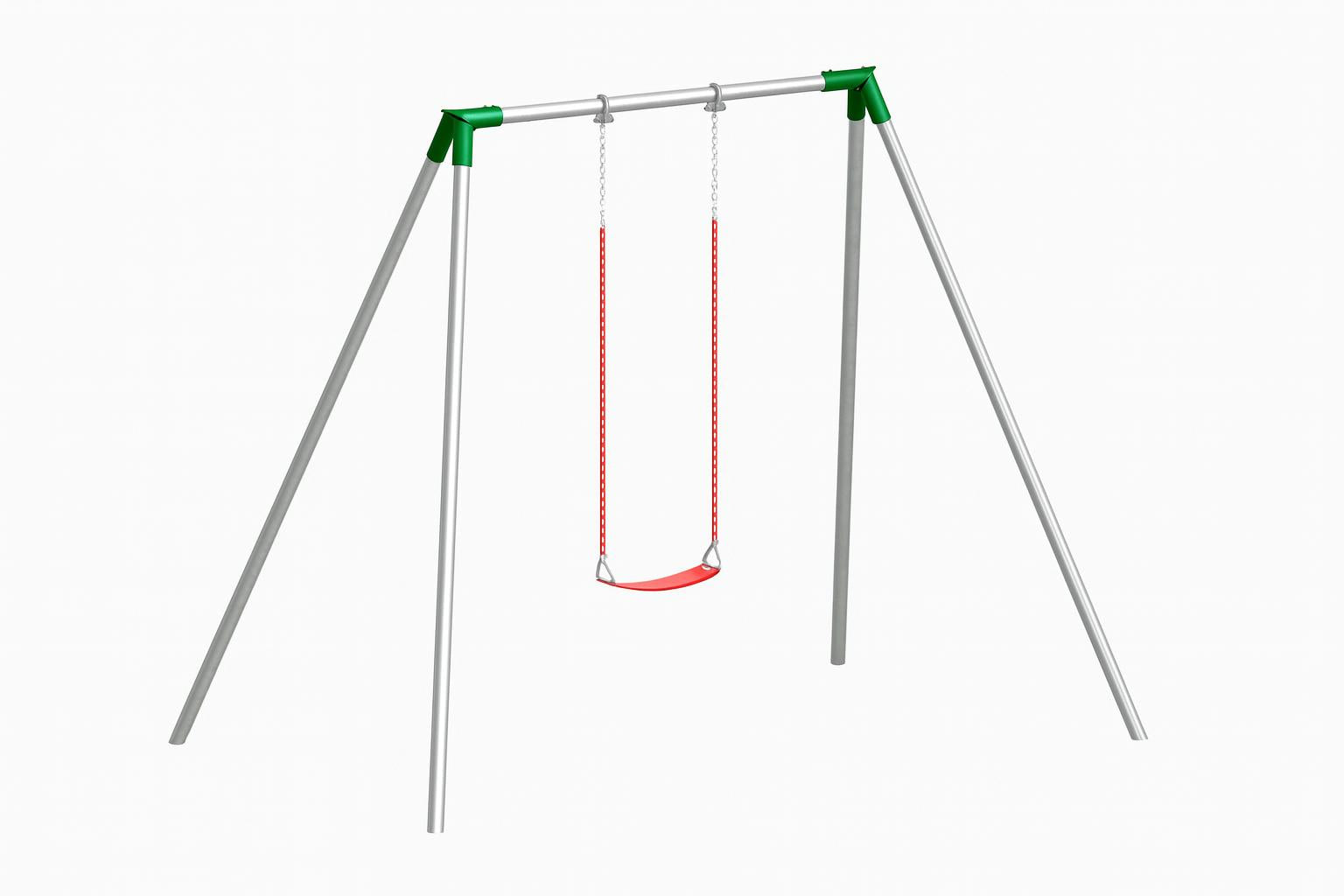 Standard 6 Foot High Swing Set with galvanized steel frame, green fittings, and red swing seat and chains on grassy field