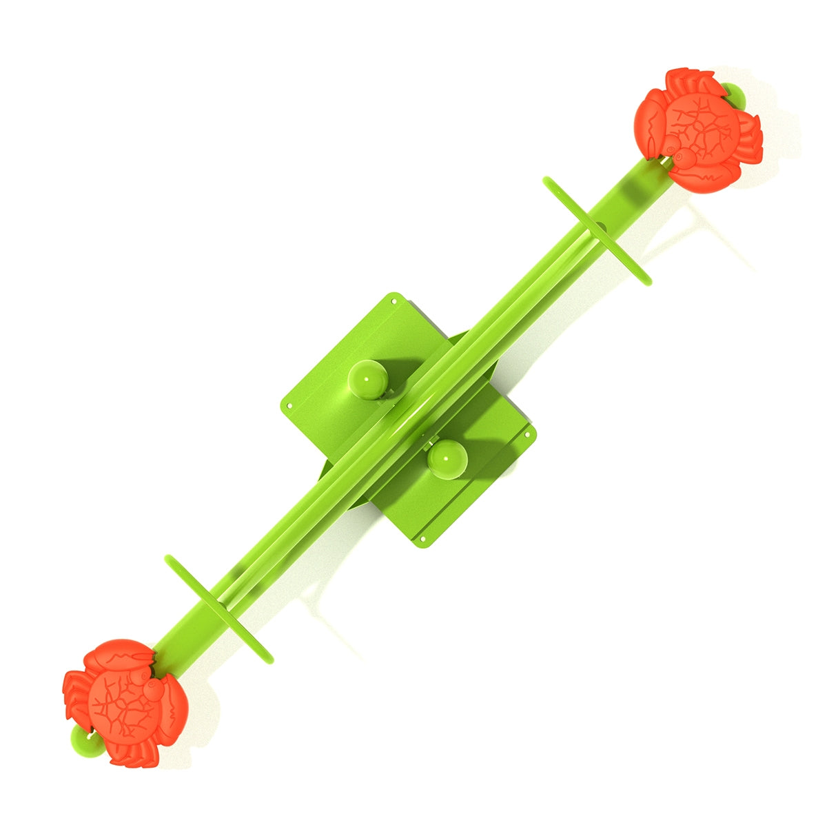 Overhead view of green seesaw spring rider with red crab-shaped seats and central spring mechanism