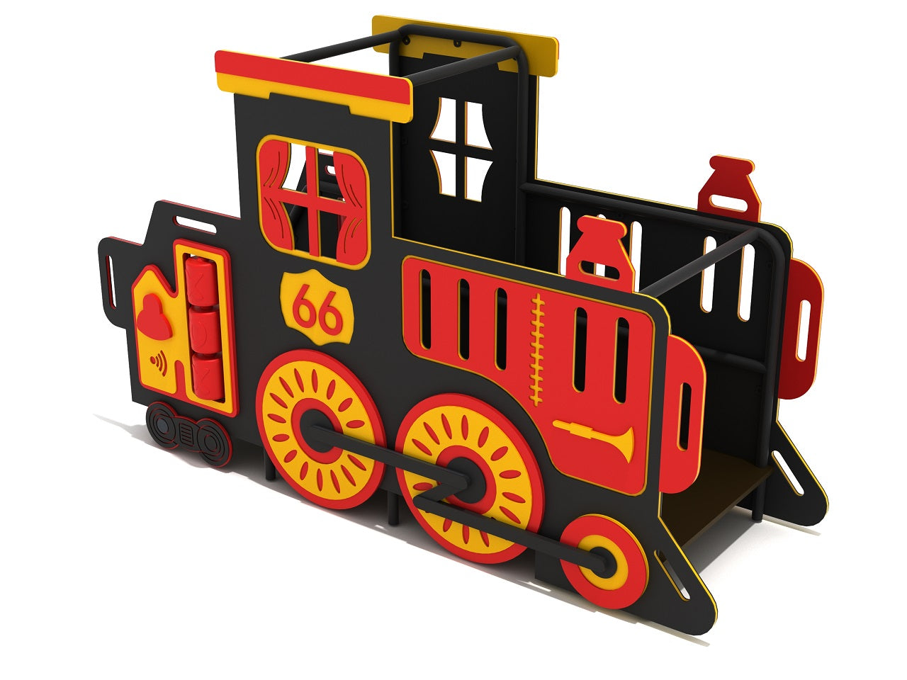 Train Playhouse toddler play structure in black, red, and yellow with train engine design and interactive Tic Tac Toe panels