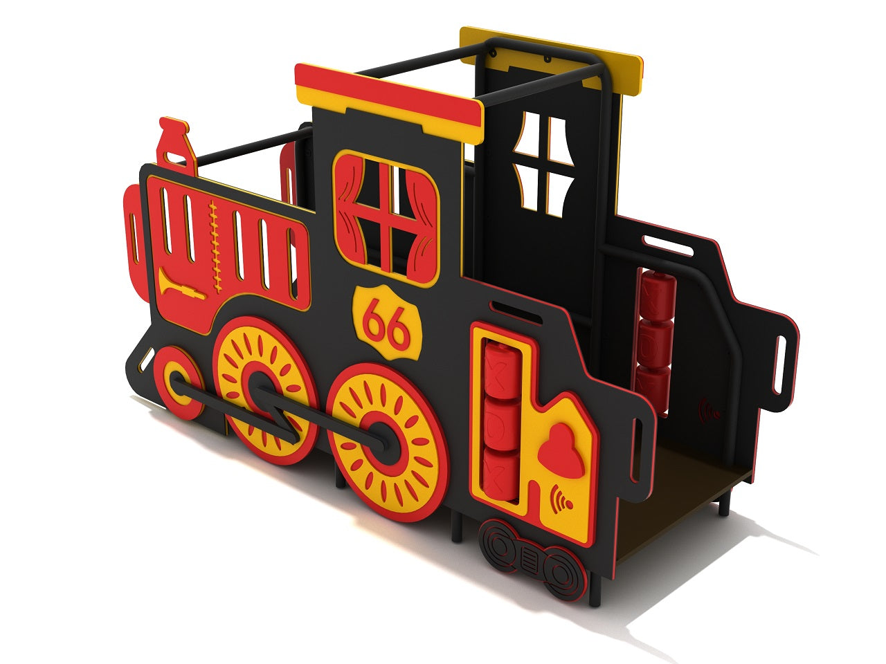 Colorful toddler play structure shaped like a train engine with interactive tic tac toe panels and safety hand grips