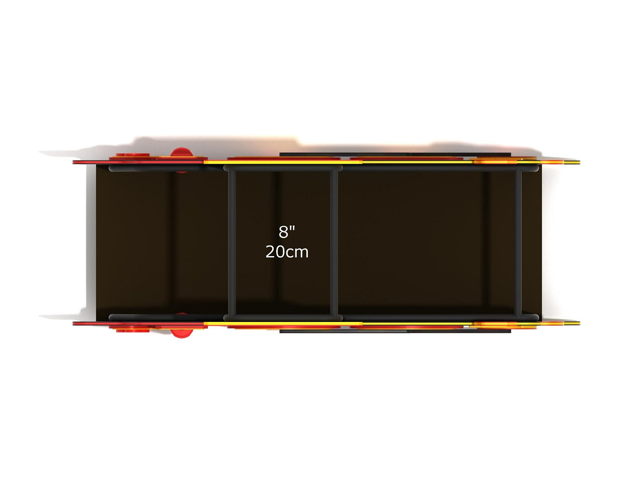 Overhead view of colorful toddler train play structure with hand grips and partial Tic Tac Toe panels