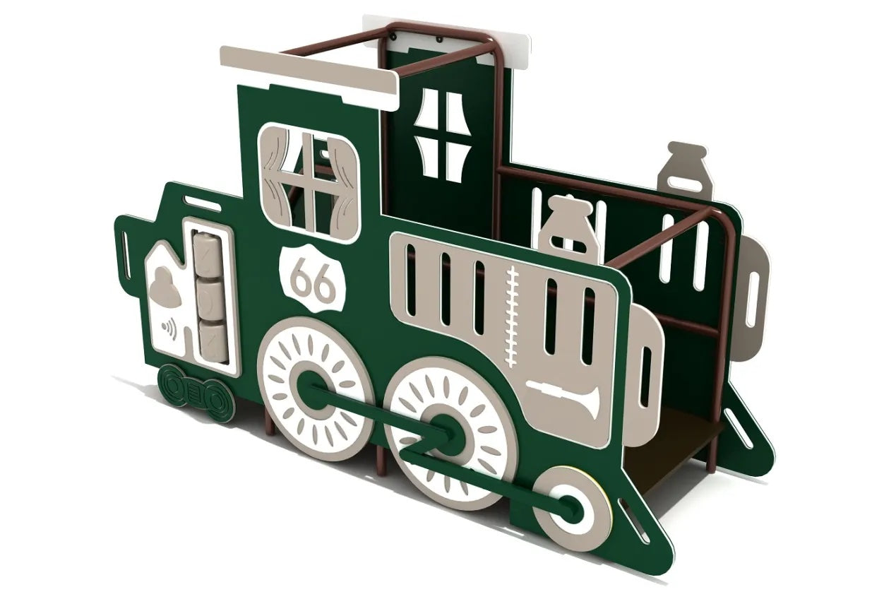 Green toddler playhouse shaped like a train engine with interactive Tic Tac Toe panels and sturdy hand grips