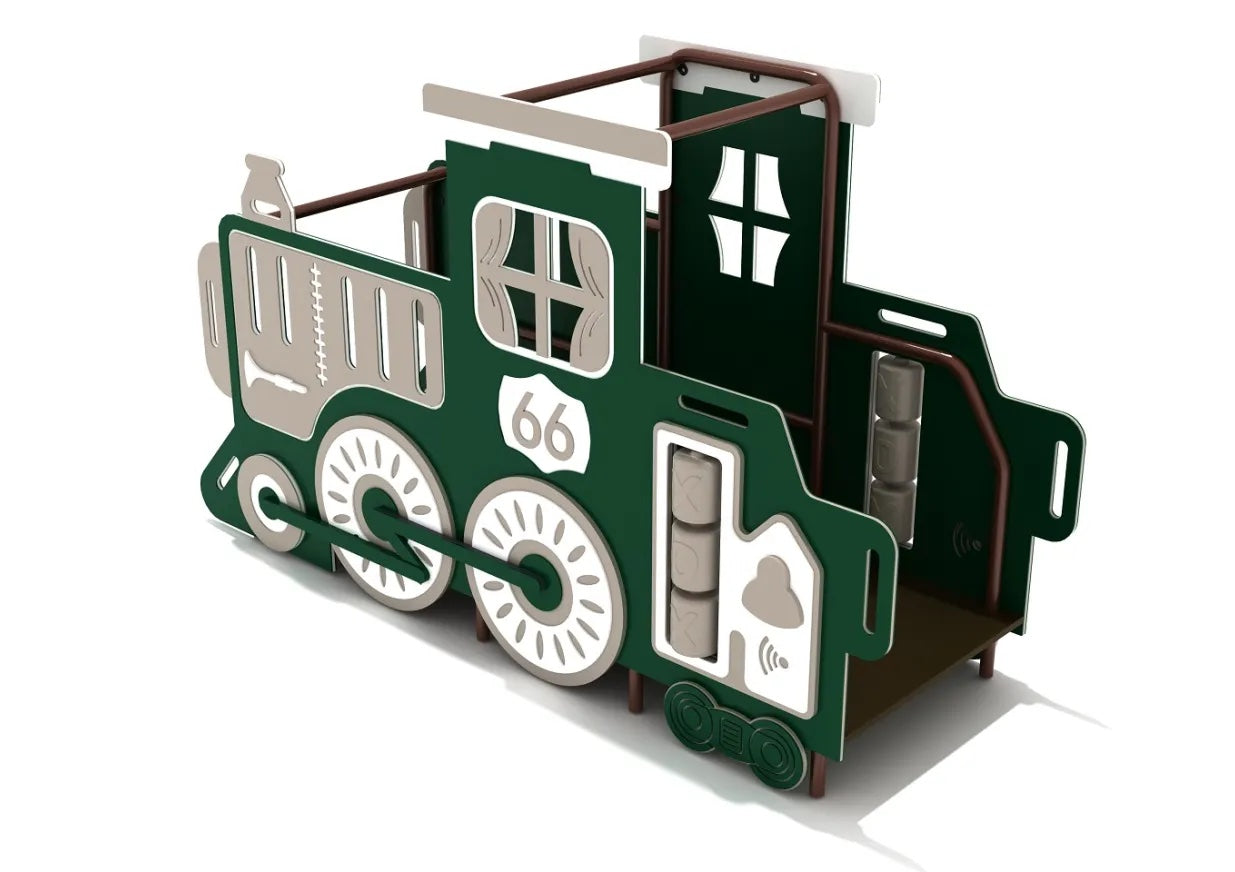 Green toddler play structure shaped like a train engine with interactive tic tac toe panels and safety hand grips